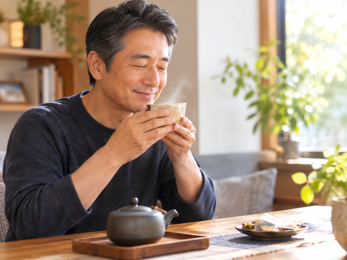 温かいお茶を飲む様子のイメージ画像